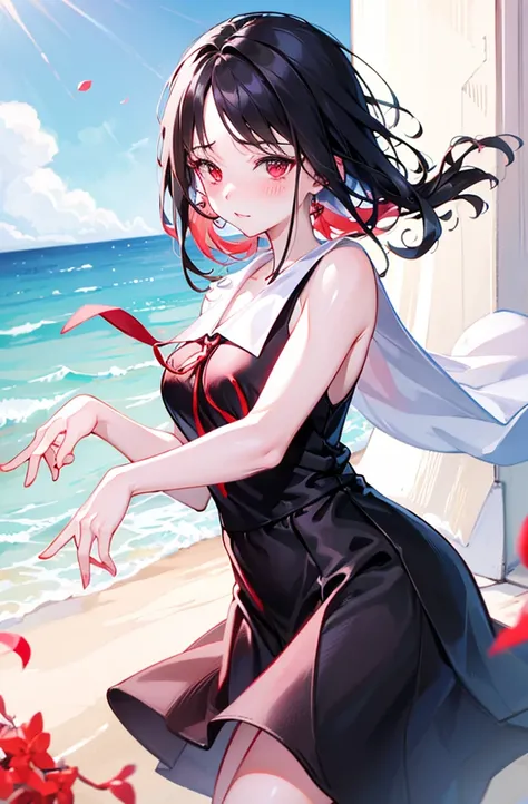 random pose、black hair、small breasts、random pose、red ribbon、pale red eyes、classroom、blushing、embarrassed expression、、