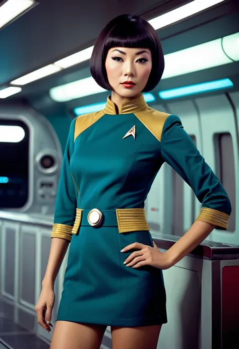 ((wearing star trek original series 60s/70s one piece sexist sexy short mini dress) (bridge crew uniform )) (asian-european, half-asian crew member with bob haircut and slim figure) ((in the style of a retro-futuristic, retro-scifi film set, pulp scifi boo...