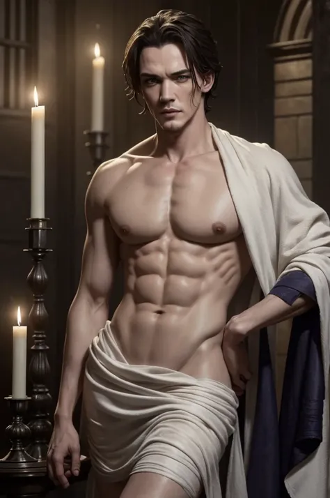 Jonathan Rhys Meyers, naked, passion,lust, beautiful bodies, correct anatomy, Victorian era, The most realistic face, realistic body, detailed face, silk towel around hips, night, vampires,candles.