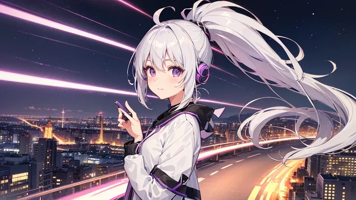 ((Highest quality,High resolution,1080P, 4K)),(silver hair, ahoge, ponytail, purple eyes),(20-year-old,cute),Headphones light smile, blush,anime, anime style,(Delicate night view of the city)