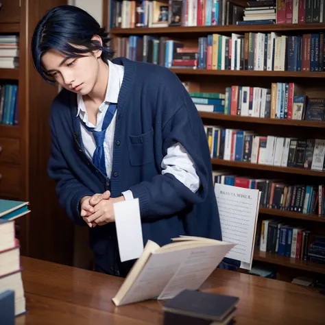  adolescent male, dark blue hair blushing while nervous with books in hand at a school 