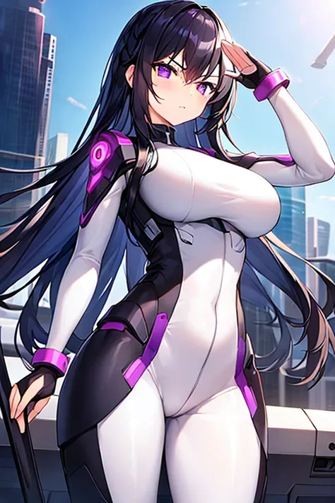 1girl, black hair, long hair, serious, salute, purple eyes, white bodysuit, bodysuit, large breasts, breasts, futuristic, tech, science-fiction, machinery, mature female