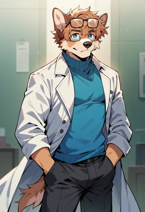  anthro ,Solo male, Furry, Dog, Light brown hair, messy auburn hair, blue eyes, scientist, Glasses on his head, Navy blue sweater, black trousers, white coat, 