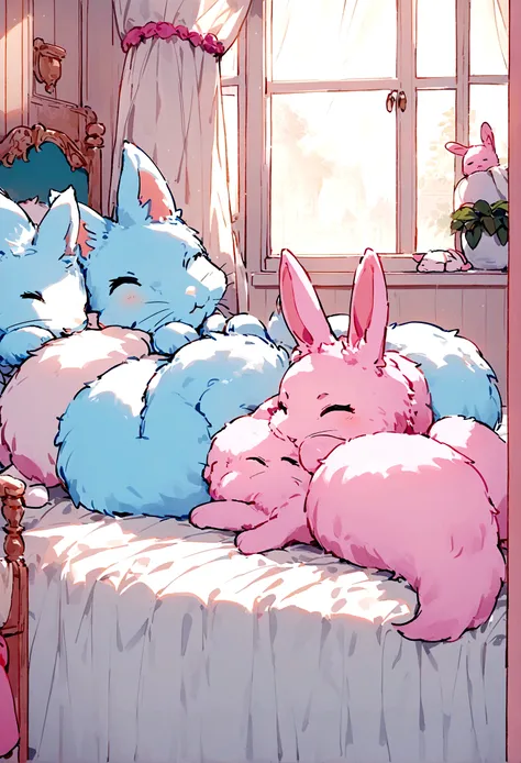 A fox with light blue fur,A pink fur rabbit,The fox with light blue fur is a boy, The bunny with pink fur is a girl,They are in the room,On the white bed in the room,Sleeper,A fox with light blue fur is sleeping with a pink rabbit