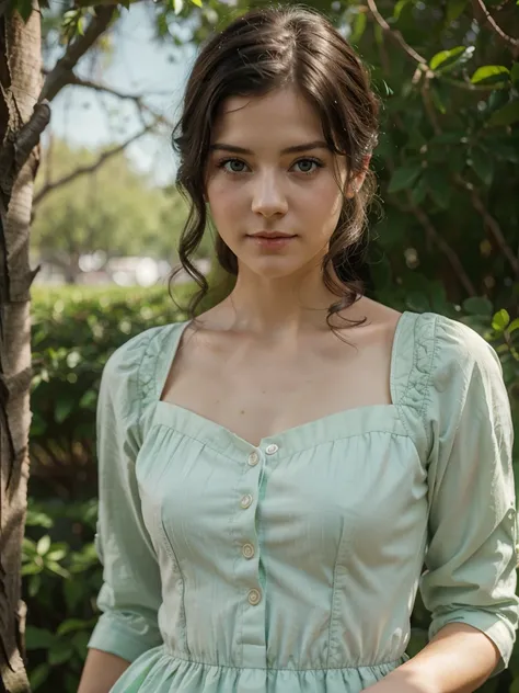 Woman, Jane Austen character, white skin, dark hair, green eyes,