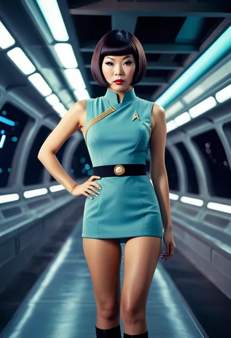 ((wearing star trek original series 60s/70s one piece sexist sexy short mini dress) (bridge crew uniform )) (asian-european, half-asian crew member with bob haircut and slim figure) ((in the style of a retro-futuristic, retro-scifi film set, pulp scifi boo...