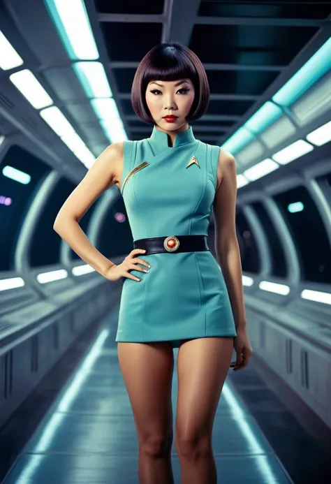 ((wearing star trek original series 60s/70s one piece sexist sexy short mini dress) (bridge crew uniform )) (asian-european, hal...