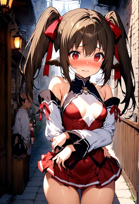 NSFW,masterpiece,Highest quality,High resolution,Super detailed,Nekone (Utawarerumono),Brown Hair、（Red Eye：1.3）、ribbon,Twin tails、ヘアribbon、Mole、目の下のMole,Small breasts,Fantasy World,Shopping Street,Alley,Japanese style,Removable sleeves,mini skirt,leotard,H...