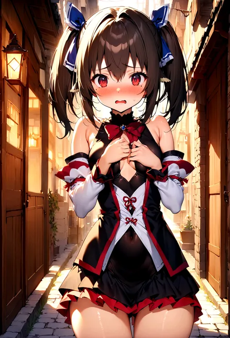 NSFW,masterpiece,Highest quality,High resolution,Super detailed,Nekone (Utawarerumono),Brown Hair、（Red Eye：1.3）、ribbon,Twin tails、ヘアribbon、Mole、目の下のMole,Small breasts,Fantasy World,Shopping Street,Alley,Japanese style,Removable sleeves,mini skirt,leotard,H...