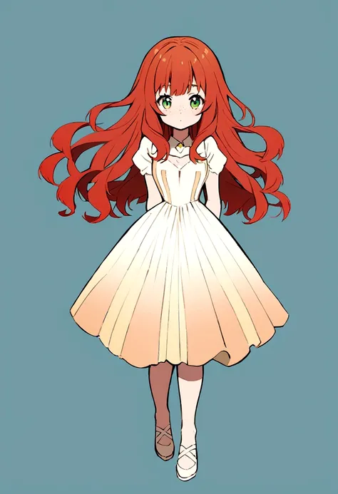 character, anime girl, white with freckles on the body. green eyes. redhead, groomed hair. Pasted date dress with brown and cream colors, degraded. Brilliants. whole body. 