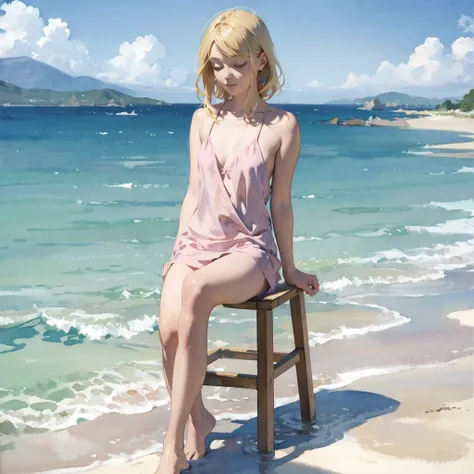 Tranquil voyager girl, in watercolor style, Photorealism, discreet pink and mint shades, barefoot, blonde hair