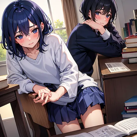  adolescent male, dark blue hair blushing while nervous with books in hand at a school 