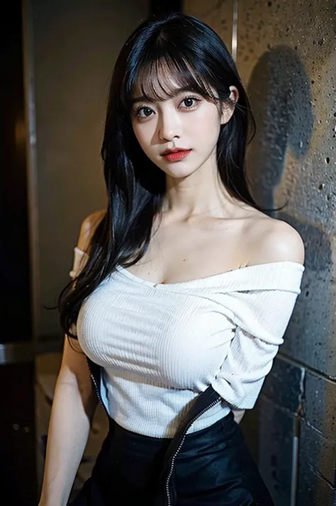 Highest quality, Ultra-high resolution, (Realistic:1.4), One girl, off-the-shoulder white shirt, Black tight skirt, Black Choker, (Faded grey hair:1), (Huge breasts:1.2), View your viewers, close ,