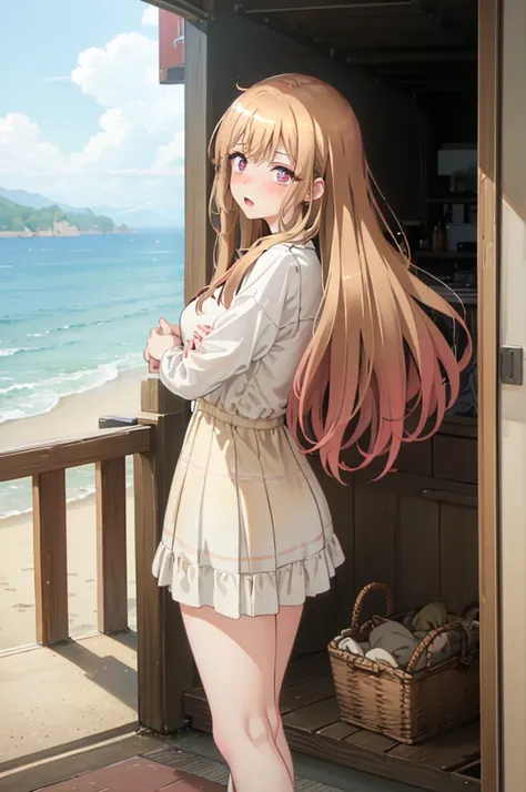 Light brown hair、bikini姿、エッチbikini姿、Random pose、bikini、Light brown hair、Semi-long hair、Pale red eyes、Random pose、Seaside Road、Sea view road、Blushing、Embarrassed expression、、Pale purple eyes、、Blushing、lipstick、Perfect hands、Detailed hands