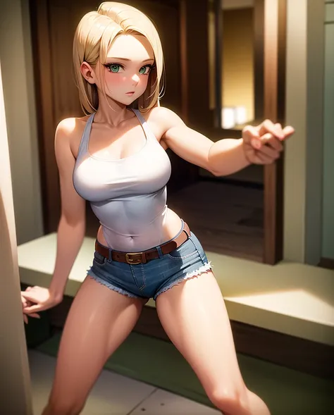 Sexy young girl with a good body, long hair blonde green eyes short white shirt bare shoulders, bright blue short jean shorts, short brown boots with white, standing, front view, front camera, bristly hair