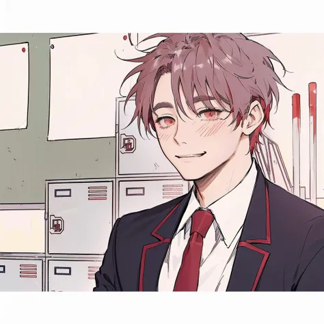 anime image of a man in a suit and tie standing in front of a wall, with a pouting smile, anime handsome man, looking smug, ((red)) baggy eyes, inspired by Bian Shoumin, looking to his side, his eyes are bleeding intense, [[[[grinning evily]]]], slightly s...