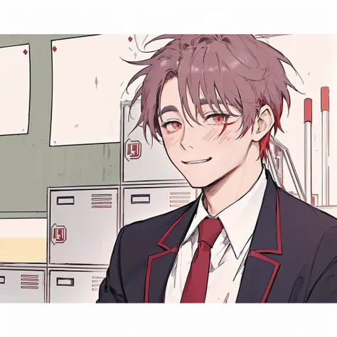 anime image of a man in a suit and tie standing in front of a wall, with a pouting smile, anime handsome man, looking smug, ((red)) baggy eyes, inspired by Bian Shoumin, looking to his side, his eyes are bleeding intense, [[[[grinning evily]]]], slightly s...