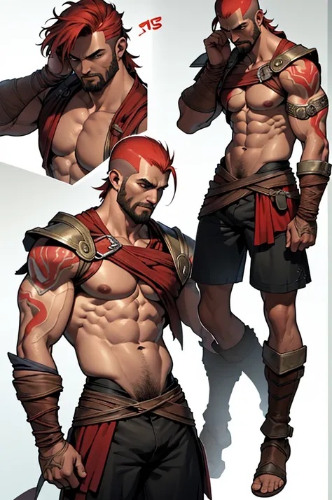 Crie sprites 2d de assets de um heroi, at various angles, he will be a mix of Hercules from Marvel Comics and Kratos from the God of War series of games, he wears a brown and red combat uniform, Coraggioso, determined, fair, but sometimes impetuous, 16K, b...