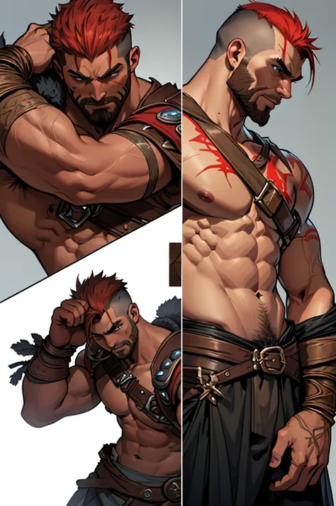 Crie sprites 2d de assets de um heroi, at various angles, he will be a mix of Hercules from Marvel Comics and Kratos from the God of War series of games, he wears a brown and red combat uniform, Coraggioso, determined, fair, but sometimes impetuous, 16K, b...