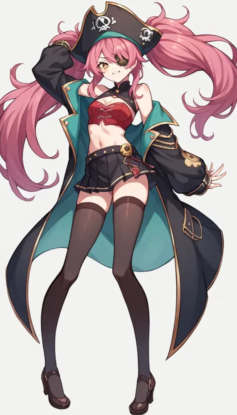 The character is a slender young woman.。She has reddish pink hair、Some of the hair is dyed white.、She has her hair styled in long twin tails.。She has a big pirate hat、Wearing a black jacket。The jacket is decorated with gold、It also has shoulder straps。Her ...