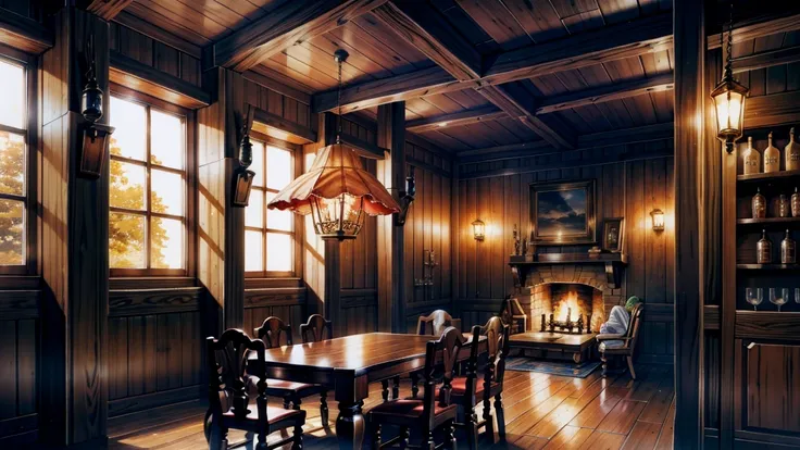 A cozy tavern in a medieval fantasy city, known as Night Sky Tavern, with a warm and inviting interior. The tavern is filled with wooden tables and chairs, a fireplace crackling in the corner, and shelves lined with bottles. Starry light streams through th...