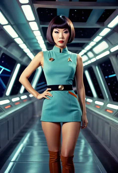 ((wearing star trek original series 60s/70s one piece sexist sexy short mini dress) (bridge crew uniform )) (asian-european, hal...