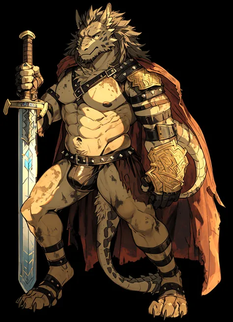 Solo Sexy young anthro scalie dragon male mercenary medieval solider, slim endomorph muscular, anthro handsome gay shorter muzzle, handsome gay model male apperance, sword scars, worn out leather skimpy armament, low on hips heavy leather belt, old very wo...