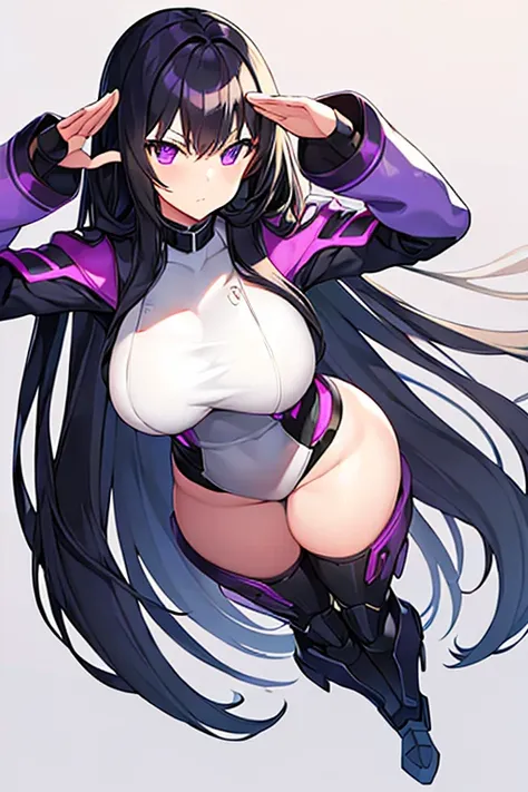 1girl, black hair, long hair, serious, salute, purple eyes, white bodysuit, bodysuit, large breasts, breasts, futuristic, tech, science-fiction, machinery, mature female, thick thighs, long sleeves, full body, ((full body))