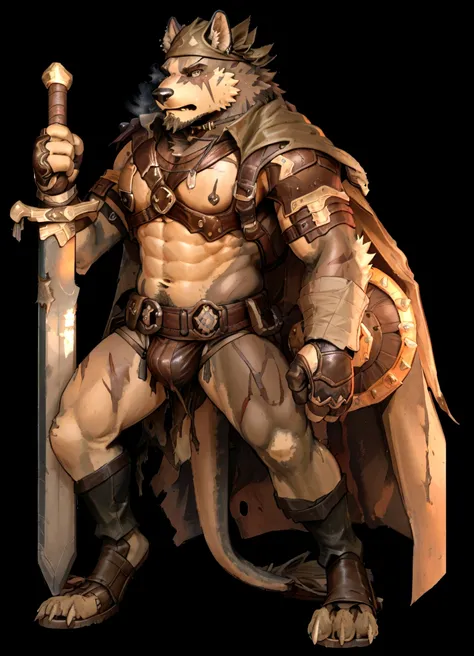 Solo Sexy young anthro scalie dragon male mercenary medieval solider, slim endomorph muscular, anthro handsome gay shorter muzzle, handsome gay model male apperance, sword scars, worn out leather skimpy armament, low on hips heavy leather belt, old very wo...