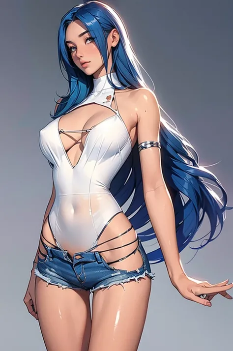 (best quality: 1.2), clean face, (masterpiece: 1.2, 8k) perfect anatomy, 1girl,a beautiful fashion model ,(masterpiece, official art, best quality ,long and shiny hair, blue hair with streaks in hair, long hair, full lips, slender body, slim body big breas...