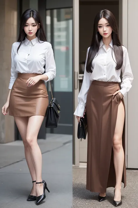 model body, exaggerated makeup, meeting outfit half-length skirt with fitted blouse, messy straight hair