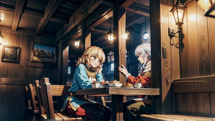 A bustling eatery in a medieval fantasy city, known as Lunas Diner, filled with the aroma of fresh food. The restaurant has wooden tables, benches, and a warm, inviting atmosphere. The walls are adorned with colorful tapestries and lanterns casting a soft ...