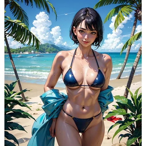 ((highest quality, masterpiece, High resolution)), ((reality)),Photos of beautiful Japanese women,((anime art))、 (((1 girl))), normal size breasts, slim body shape,  medium short hair, double eyelid, Wet see-through micro bikini,  A pareo with bold ethnic ...