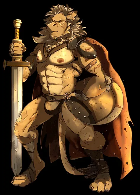 Solo Sexy young anthro scalie dragon male mercenary medieval solider, slim endomorph muscular, anthro handsome gay shorter muzzle, handsome gay model male apperance, sword scars, worn out leather skimpy armament, low on hips heavy leather belt, old very wo...