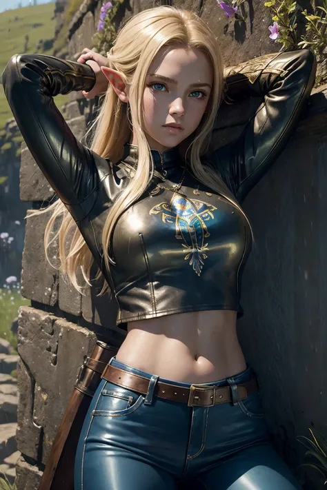 masterpiece.  4k. highly detailed epic fantasy oil painting of beautiful 12 years old girl. blonde. detailed stylish suit,
  shiny reflective leather jeans for the summer.  crop top shirt. athletic. Hyrule motif. leaning on wall, stretching. sweating. rain...