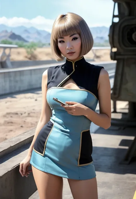 ((wearing star trek original series 60s/70s one piece sexist sexy short mini dress) (bridge crew uniform )) (asian-european, half-asian crew member with bob haircut and slim figure) ((in the style of a retro-futuristic, retro-scifi film set, pulp scifi boo...