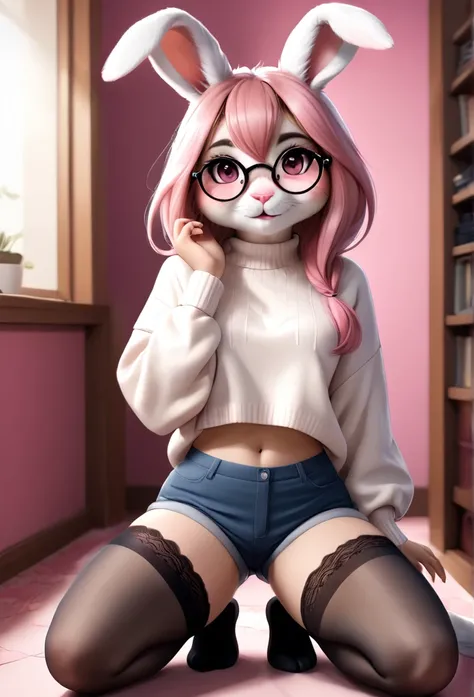 (score_9, score_8_up), score_7_up, score_6_up, score_5_up, score_4_up, Hazel Typh, 1bunny, best quality, furry, brown fur, pink hair, animal ears, gold piercing, heart-shaped pupils, animal nose, pink eyes, hair bun, long tail, expressionless, closed mouth...