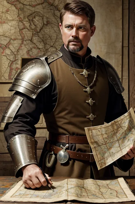 A military general with a goatee and faded haircut wearing medieval armor while looking at a map on a table. ((Brown hair)) ((Oil painting))