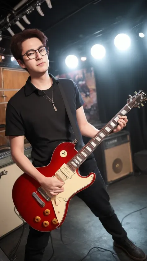 Man playing a red Les Paul guitar、Man wearing glasses、Background of the live music venue, Fantasy, wonderful, Fantasy, Please draw in an anime style、Depicting the image of a man in the style of American comics、3D Animation、