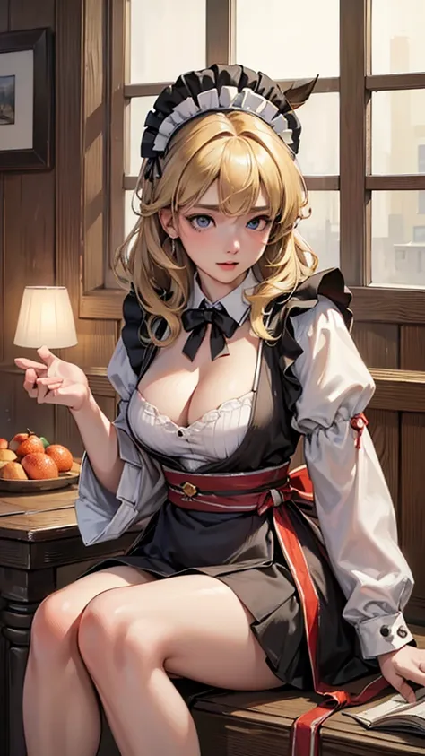 ((masterpiece, highest quality, Highest image quality, High resolution, photorealistic, Raw photo, 8K)), Ultra Wide Angle, blonde, maid dress, mini skirt, medium hair, onnanoko, four legs, horse, cleavage, waist, naval, belly, loose appron