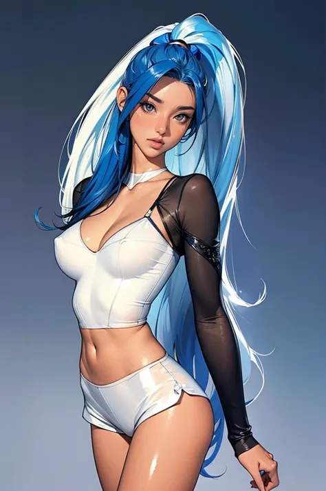 (best quality: 1.2), clean face, (masterpiece: 1.2, 8k) perfect anatomy, 1girl,a beautiful fashion model ,(masterpiece, official art, best quality ,long and shiny hair, blue hair with streaks in hair, long hair, full lips, slender body, slim body big breas...