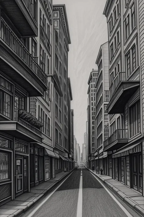 charcoal sketch of city at human eye level. have little shops on the sides of the road. two point perspective