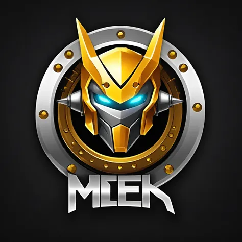 logomkrdsxl,an  edgy logo  3d with robô dourado e prata,  vector, text "mek",  best quality, masterpiece, brand, dark background...