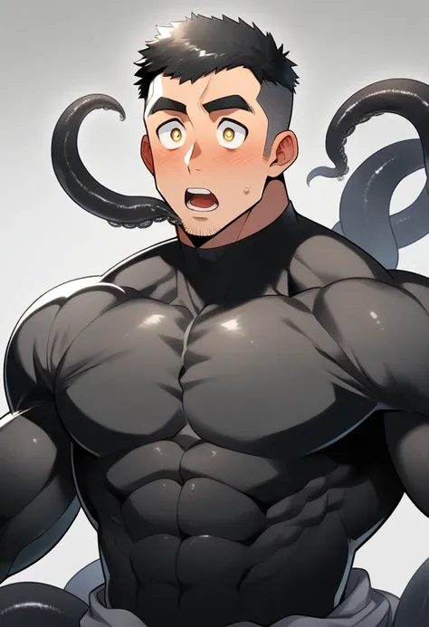 anime characters：superhero in tights, negro black skin, he was entangled by a large number of thick black tentacles, very stout,...