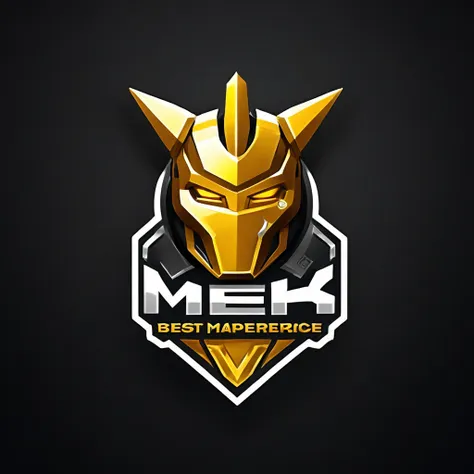 logomkrdsxl,an  edgy logo  3d with robô dourado e prata,  vector, text "mek",  best quality, masterpiece, brand, dark background...