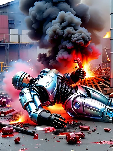 abandoned factory、robocop destroyed and dismembered、vomiting blood from the mouth、sparks and smoke coming from dismembered body ...