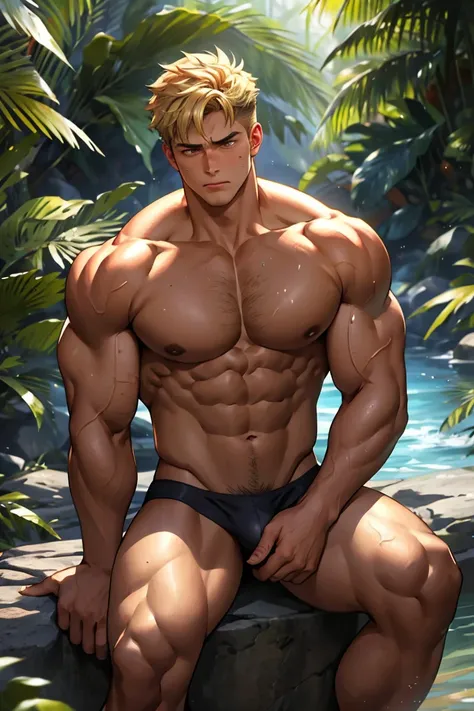 (masterpiece, Best quality 12 year old boy), 1 boy, adult, huge muscles, big body, Slightly modify the abdominal contour, Short blonde hair，brown eyes, complicated, Rainforest, Muscles sparkle in the sun，shirtless，Wearing underwear,pained expression，bite l...