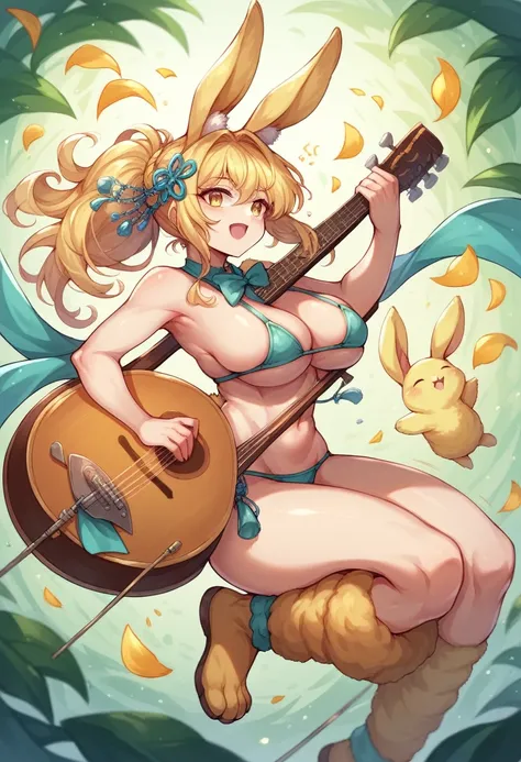 Alone rabbitfolk, fantasy race, large breasts, bard, smallest bikini, blond hair, yellow rabbit ears, yellow rabbit tail, musical instrument, rabbit legs