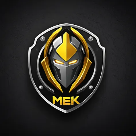 logomkrdsxl,an  edgy logo  3d with robô dourado e prata,  vector, text "mek",  best quality, masterpiece, brand, dark background...