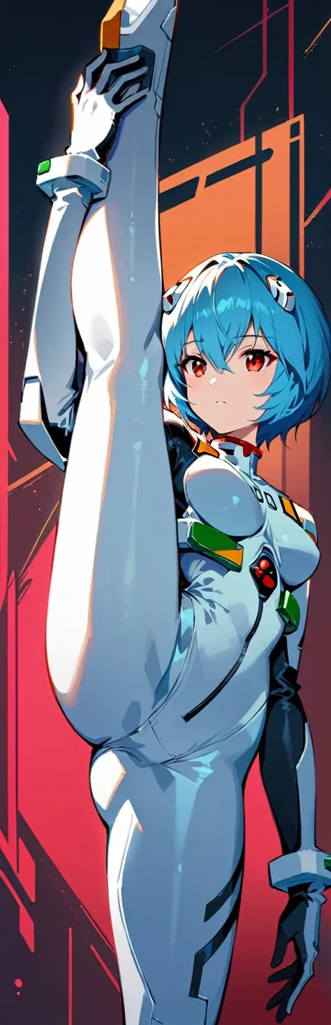 (Highest quality:1.2),1 Girl,alone,Are standing_Split,Ayanami Rei,White bodysuit,Red eyes,Pilot Suit,short hair,Blue Hair,bangs,Interface Headset,turtleneck,Hair between the eyes,Pixelated Background,Neon Light,Sci-Fi Color Scheme,Bright colors,Metallic te...